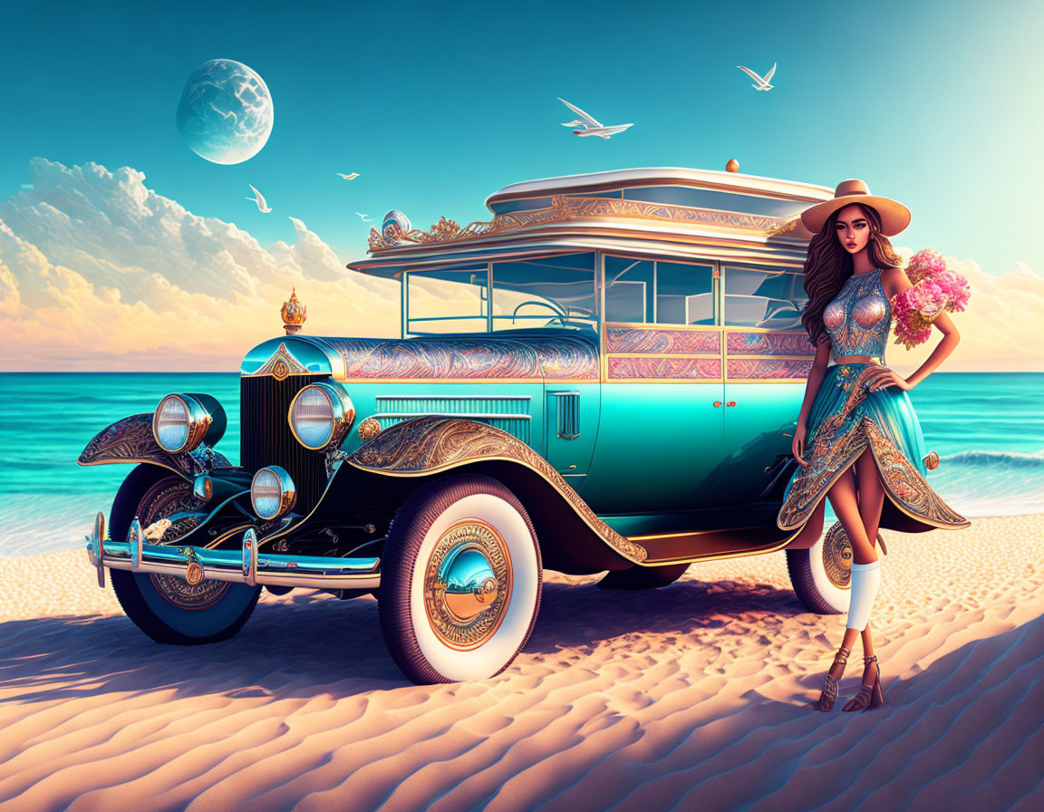 Woman in stylish dress by vintage car on beach under moonlit sky.