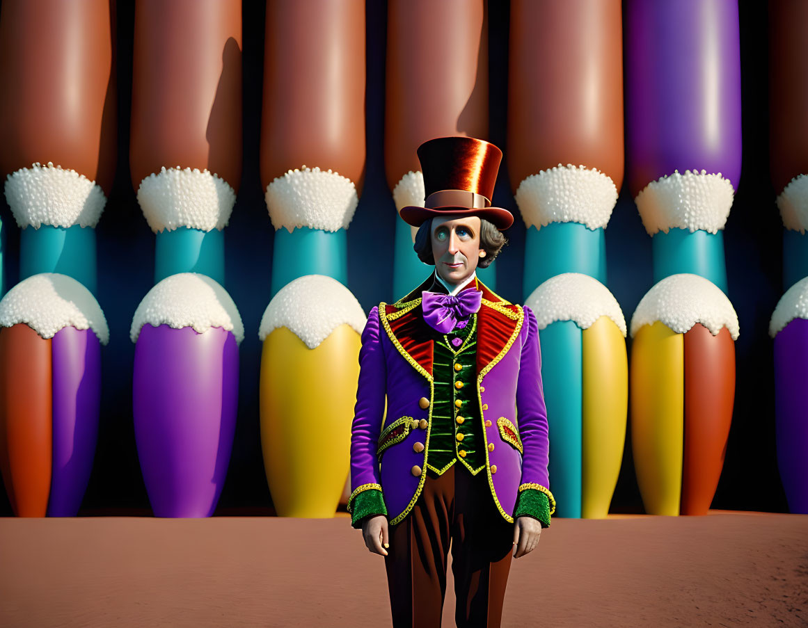 Colorful Ringmaster-Like Figure by Ice Cream Cone Sculptures