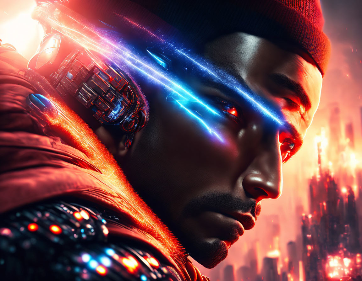 Cybernetic person in red hoodie and visor with futuristic city lights.