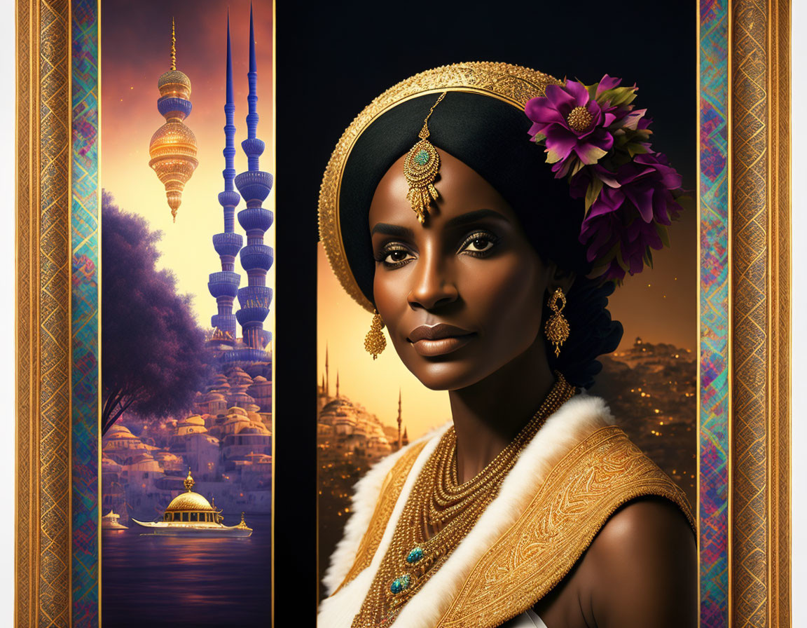 Woman adorned with headpiece and jewelry in fantasy city setting.