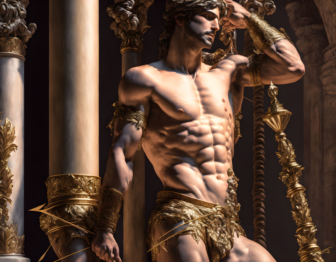 Muscular male figure in golden armbands and loincloth, set in ancient Greek/Roman