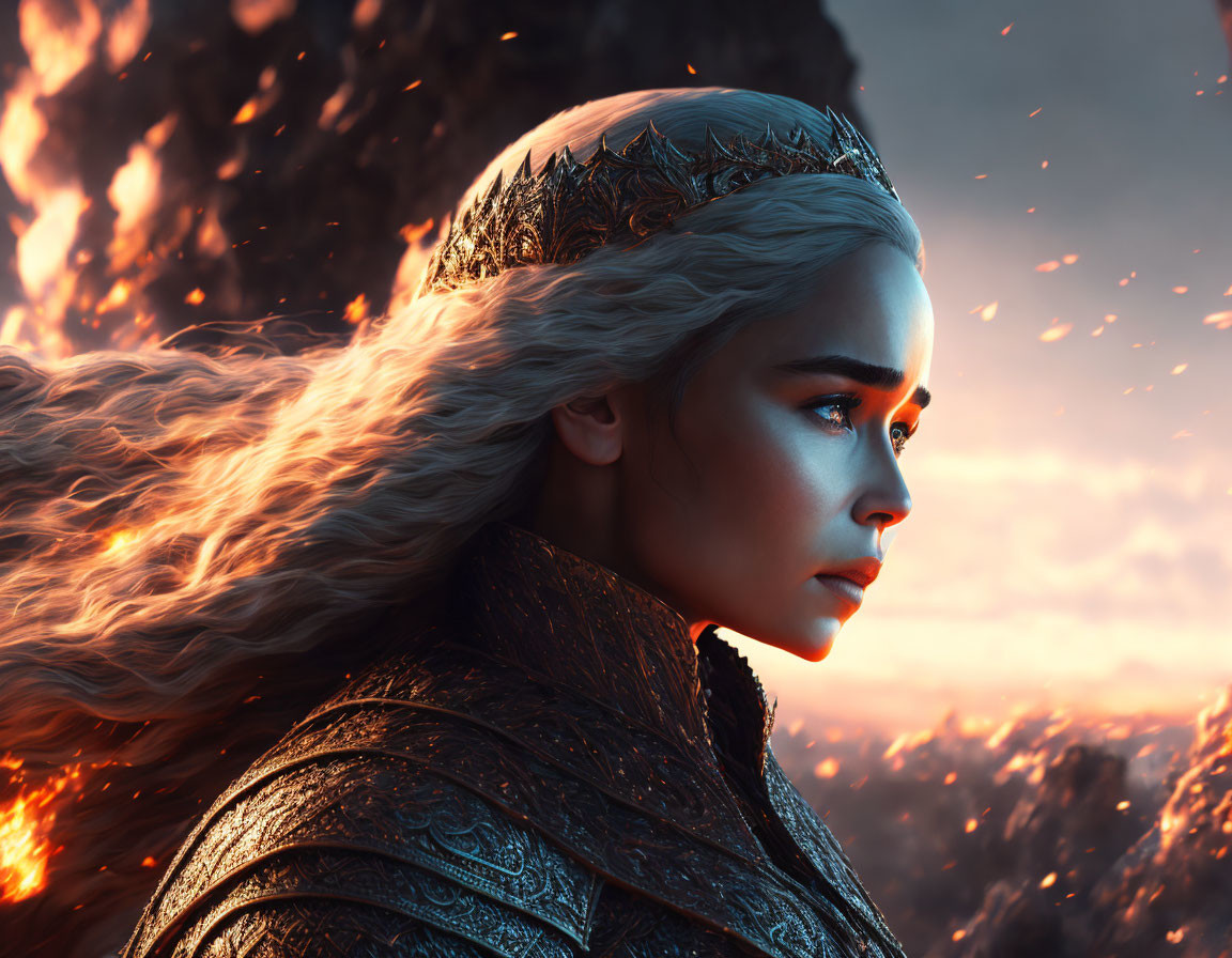 Woman with Platinum Blonde Hair and Silver Tiara in Fiery Landscape