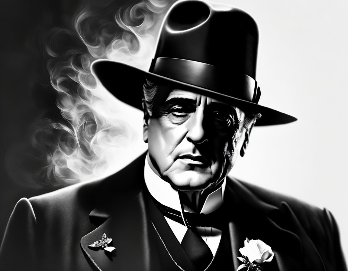 Vintage monochrome image of man in suit and top hat with swirling smoke background