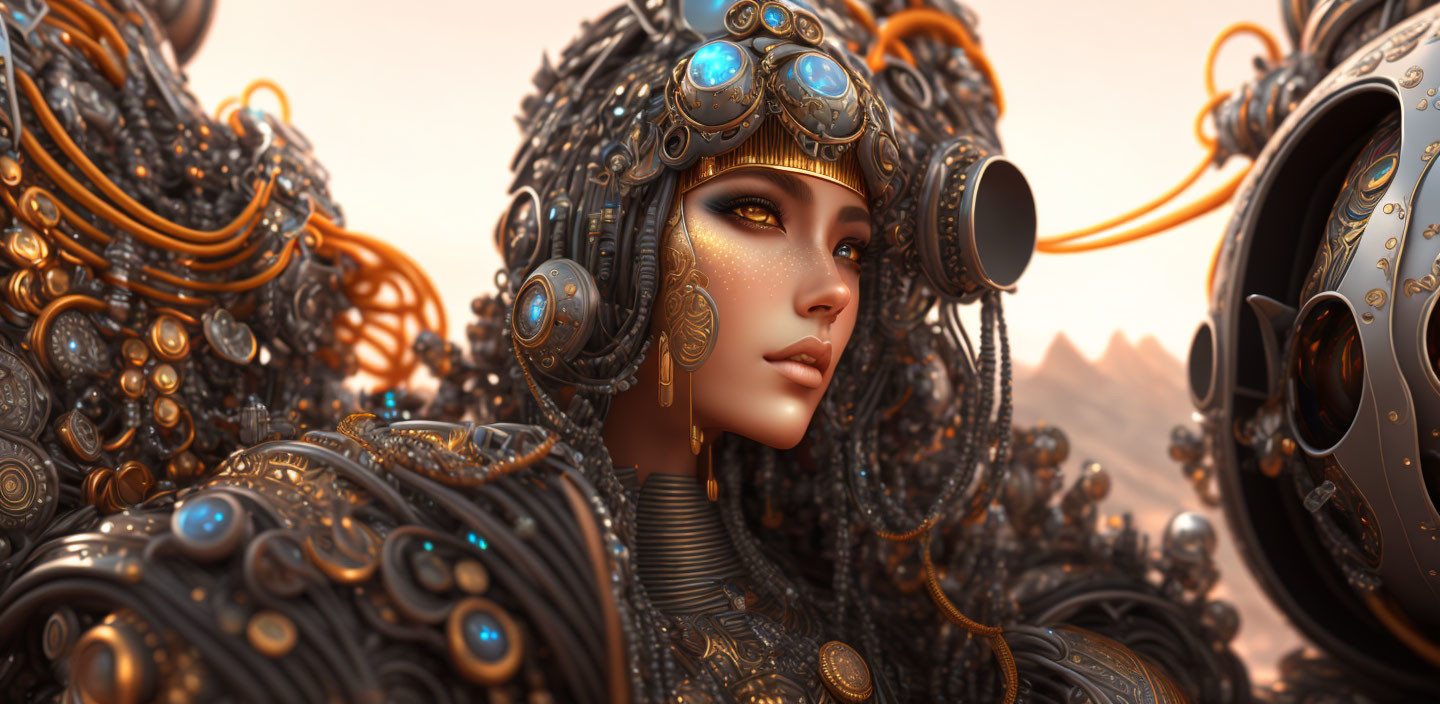 Female Figure in Golden Mechanical Armor with Blue Jeweled Helmet in Desert Setting