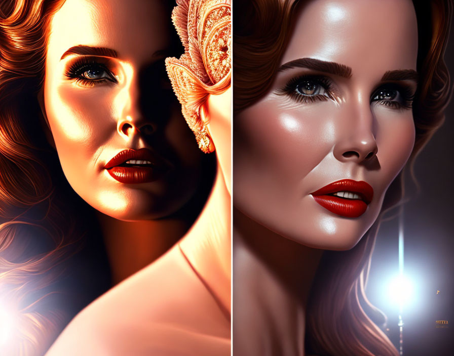 Digital portrait of woman with red lipstick and ornate hair accessory in warm and cool lighting.