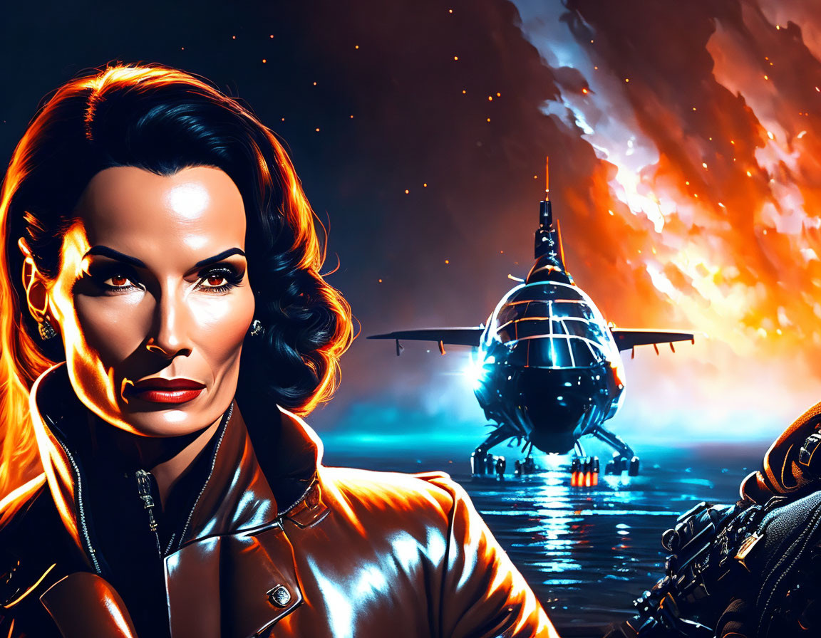 Confident woman with spacecraft in retro-futuristic scene