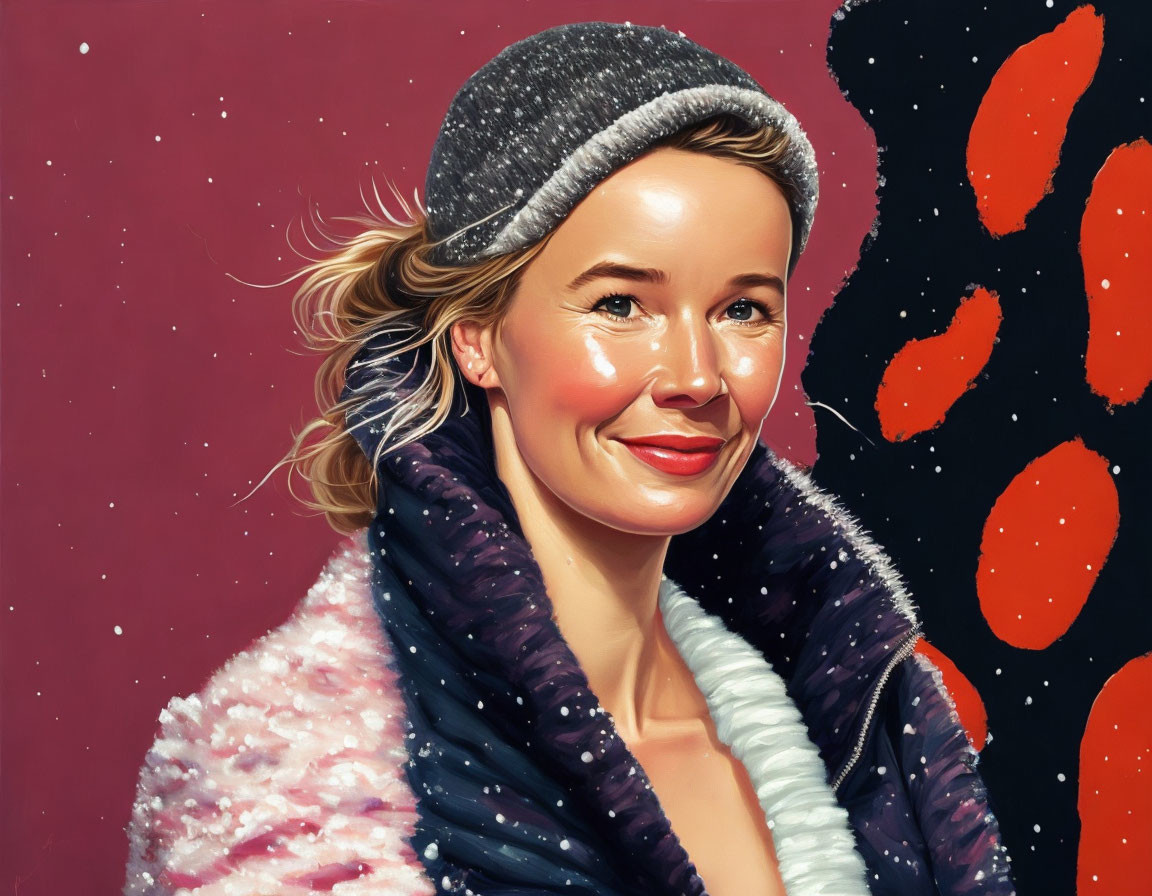 Blond woman in gray hat and scarf on red starry background