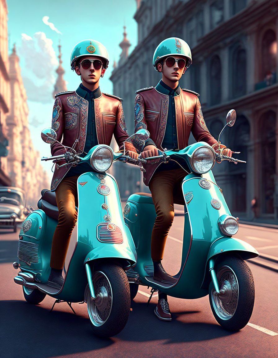 Two individuals on classic blue scooters in retro helmets and leather jackets riding through a sunny European city street