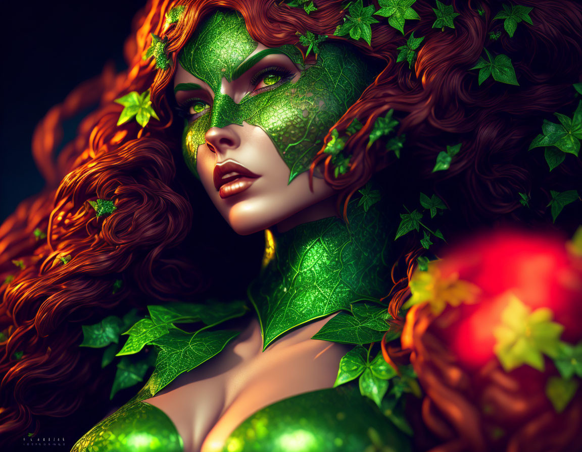 Red Curly Haired Woman with Ivy Leaves in Digital Art