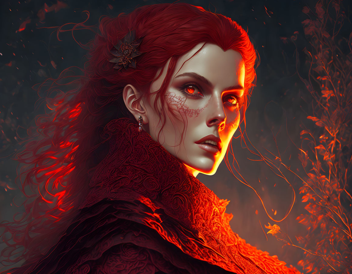 Fiery red hair woman digital portrait with lace detailing