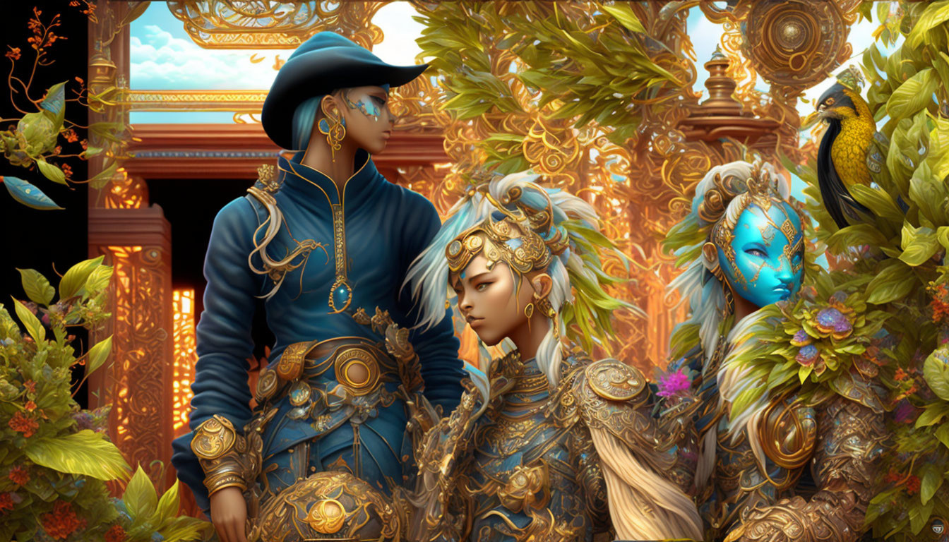 Fantasy setting with ornate armor and intricate flora.