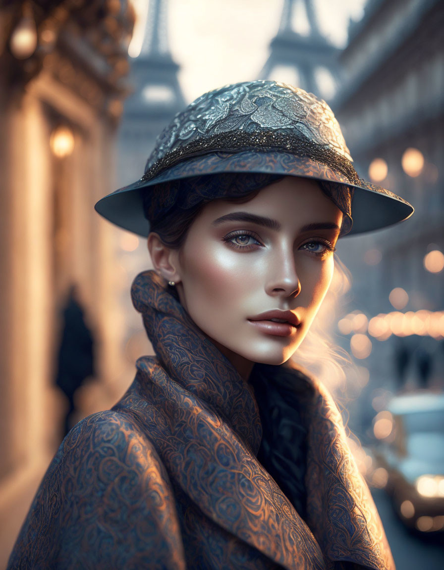 Elegant woman in hat and scarf with striking makeup on blurred city street backdrop at dusk