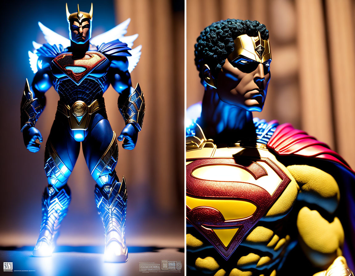 Detailed split image: superhero action figure in glowing blue suit, upper body close-up.