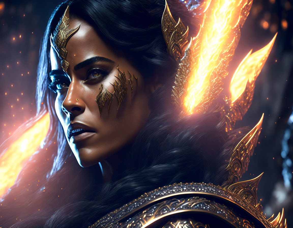 Digital artwork: Woman with golden fiery wings, armor, intense gaze, and glowing tribal marks