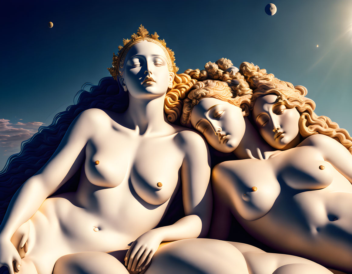 Three serene women with flowing hair against a clear blue sky with planets.