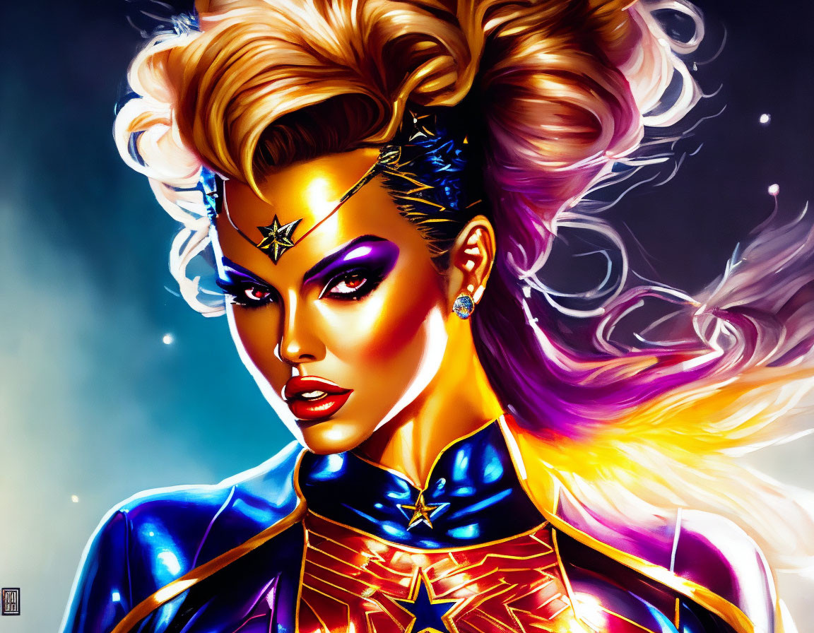 Female superhero illustration with flowing hair and star-themed costume.