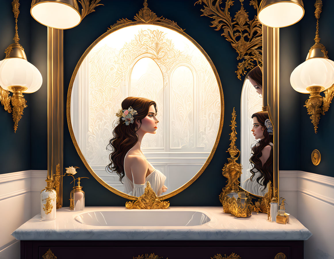 Dark-haired woman admires reflection in luxurious bathroom with gold accents