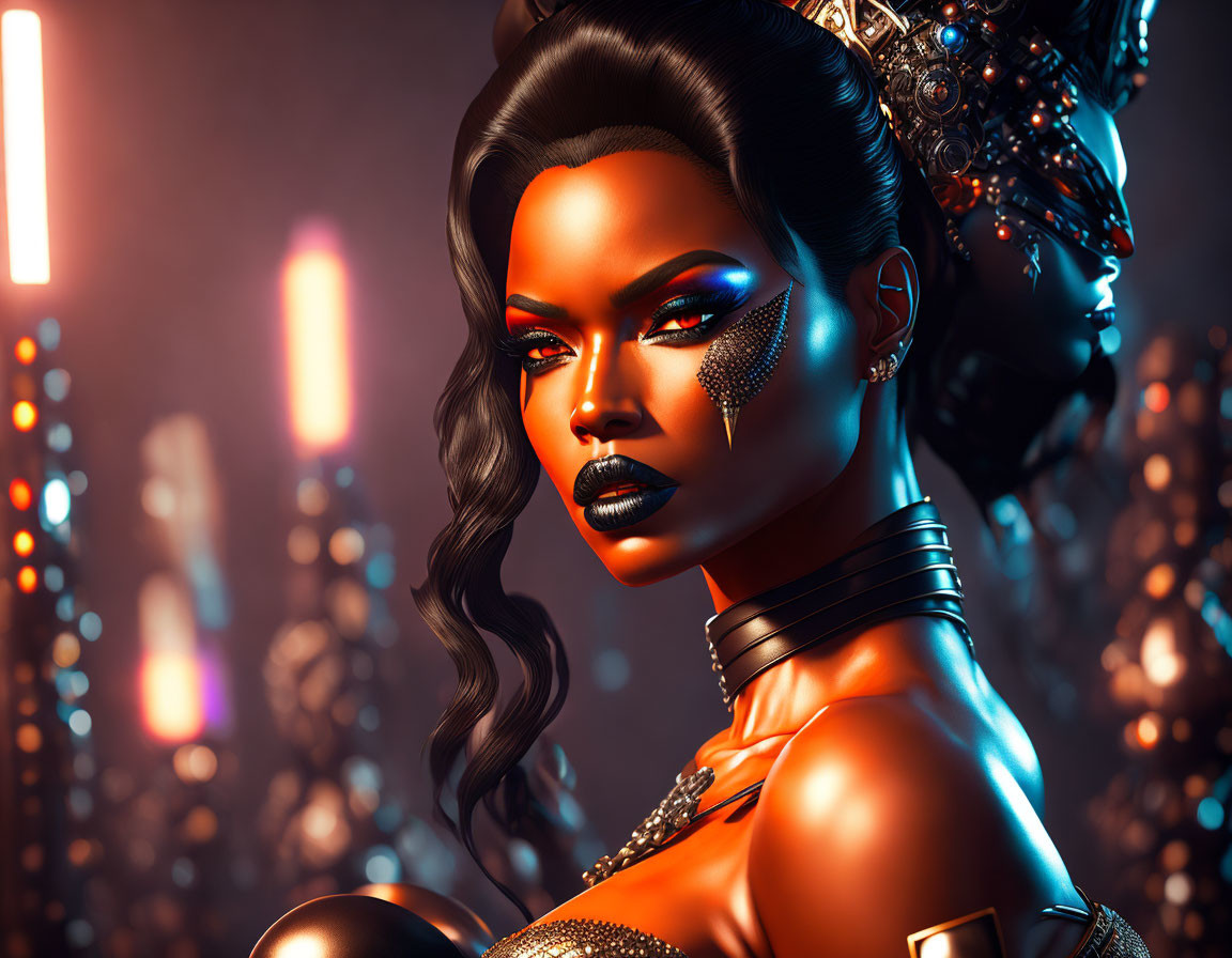 Futuristic woman with bold makeup in digital art