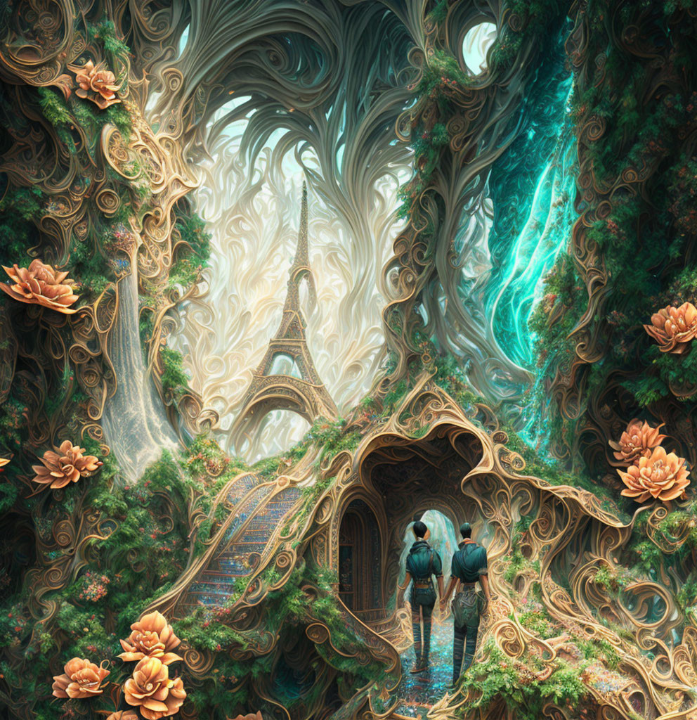 Surreal organic twist on Eiffel Tower in fantastical forest