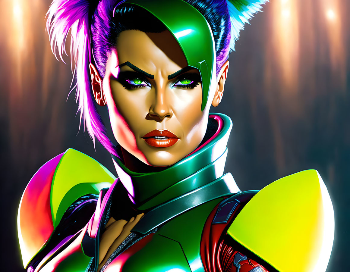 Vibrant Female Character: Purple Hair, Green Armor, Dramatic Makeup