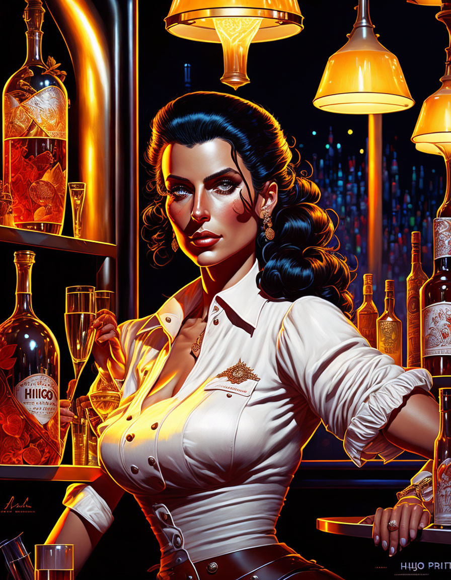 Illustration of woman with victory rolls, cream shirt, bar background.