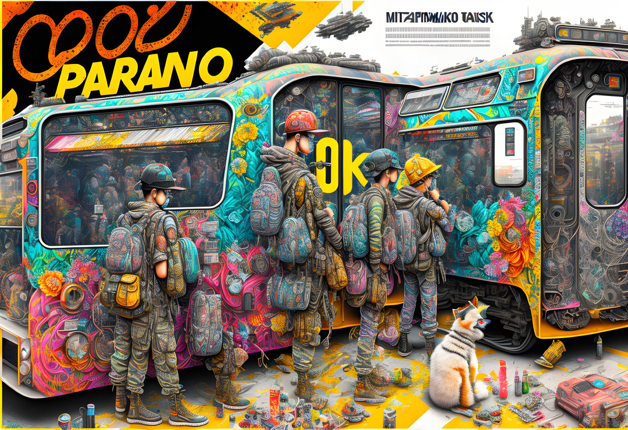 Futuristic individuals with backpacks and graffiti bus, crowned cat in vibrant chaos