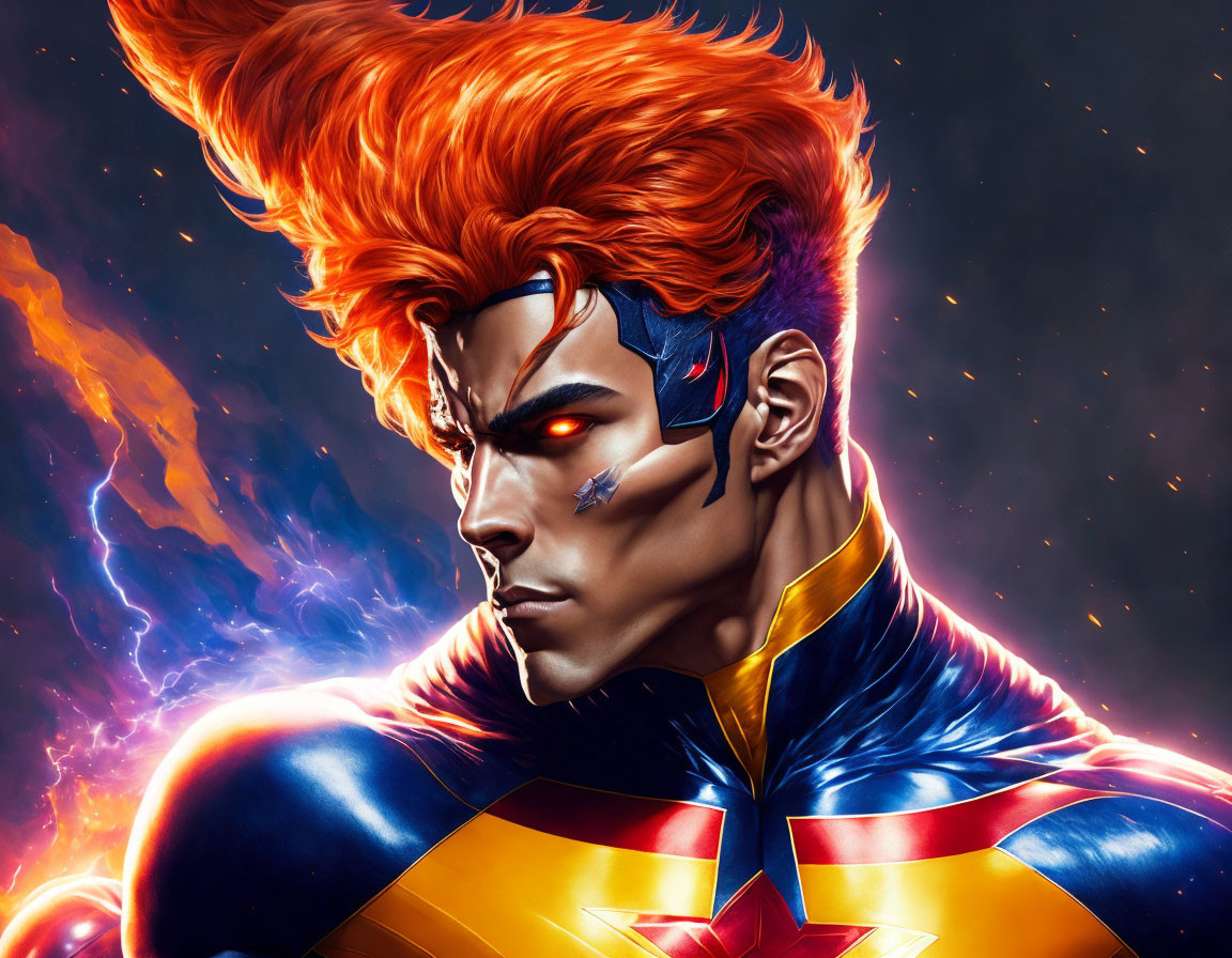 Illustrated superhero with red hair, blue suit, star emblem, and cosmic backdrop