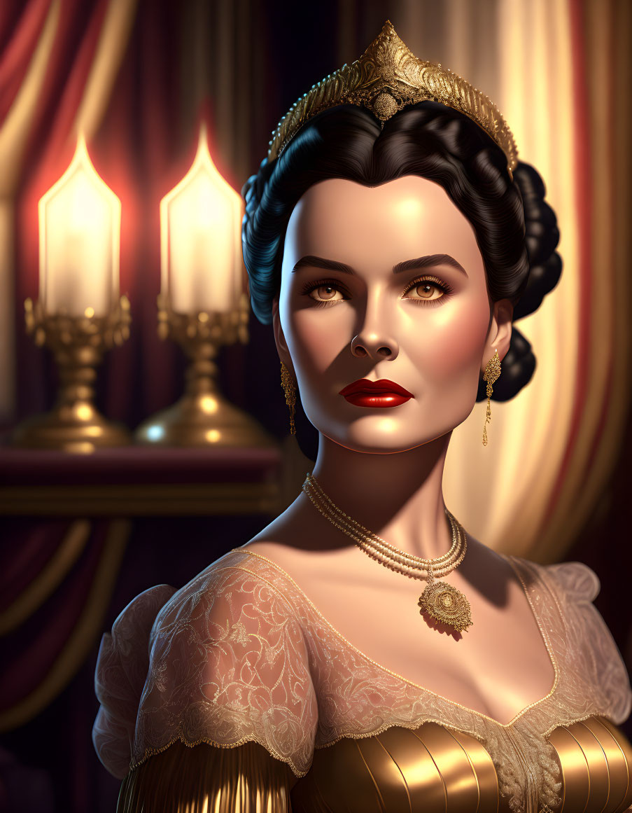 Vintage-style animated woman in golden gown and tiara with candles and red curtains