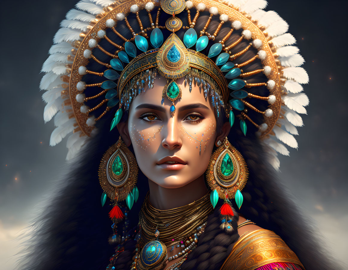 Digital artwork: Woman with feathered headdress, turquoise gems, earrings, and facial markings under cloudy