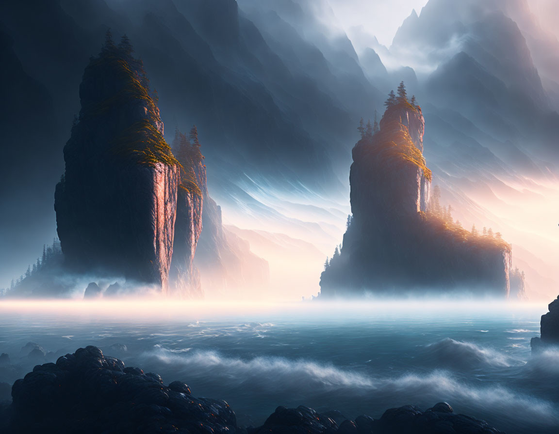 Mystical landscape: towering cliffs, mist, serene sea, foggy sunrise