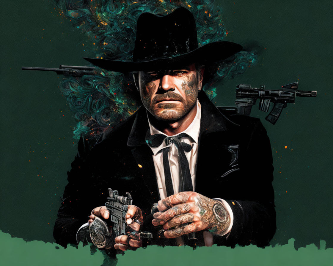 Stylized illustration of stern man in black hat and suit with guns