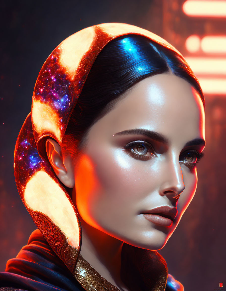 Cosmic-themed digital portrait of a woman with glowing skin