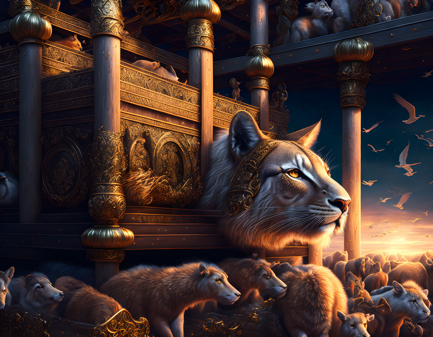 Majestic lynx face on fantasy throne with lynxes, wolves, and birds in sunset scene