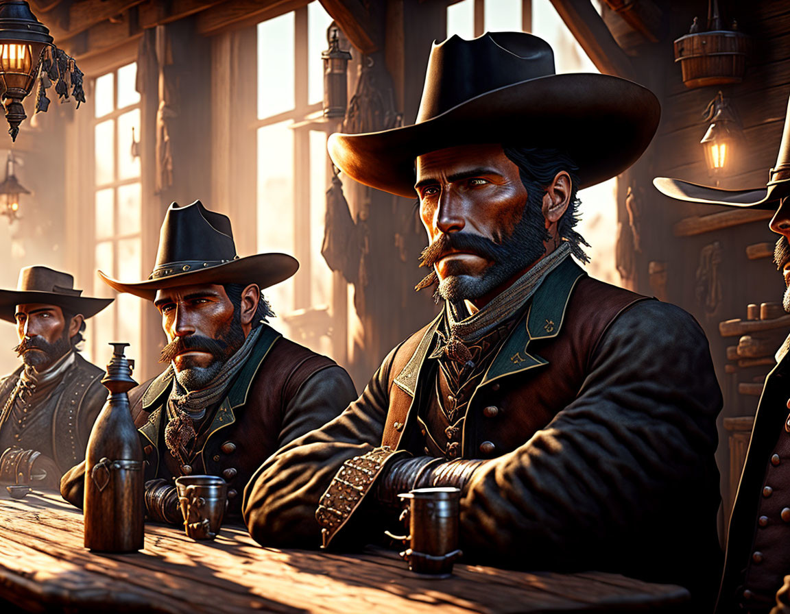 Rugged cowboys in saloon, one with mustache, sitting at wooden table near window