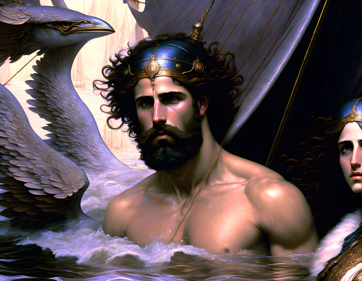 Digital Artwork: Bearded Warrior, Woman, Bird, and Oceanic Background