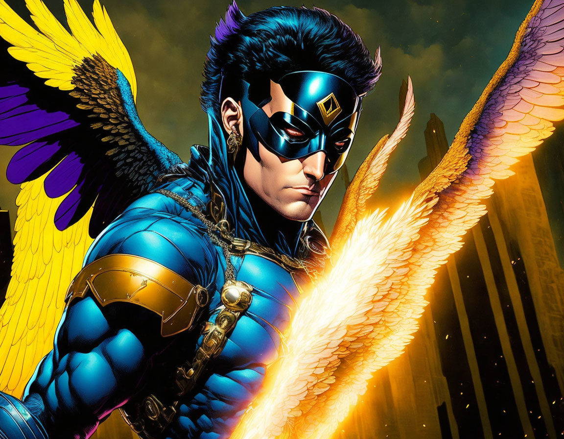 Male Superhero in Blue Suit with Golden Wings Emitting Fiery Blasts