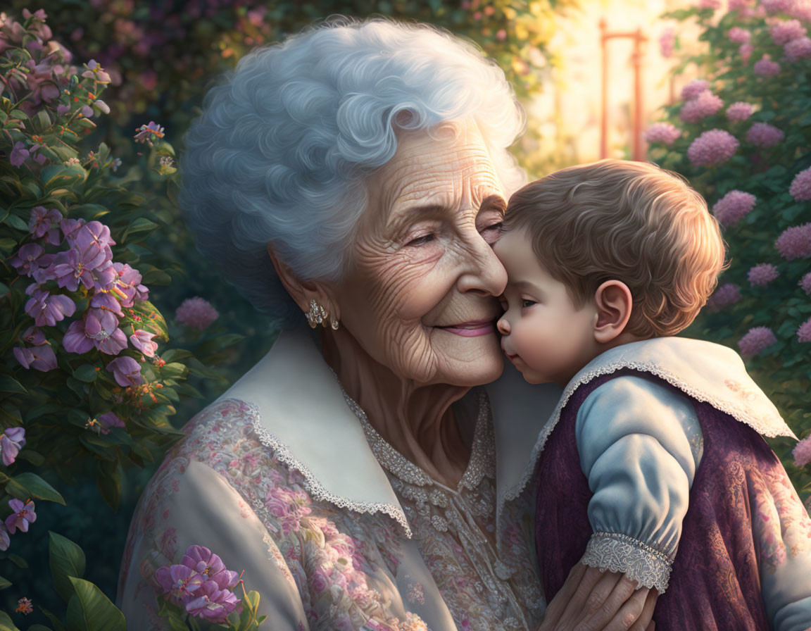 Elderly woman with white hair embracing young child in floral setting