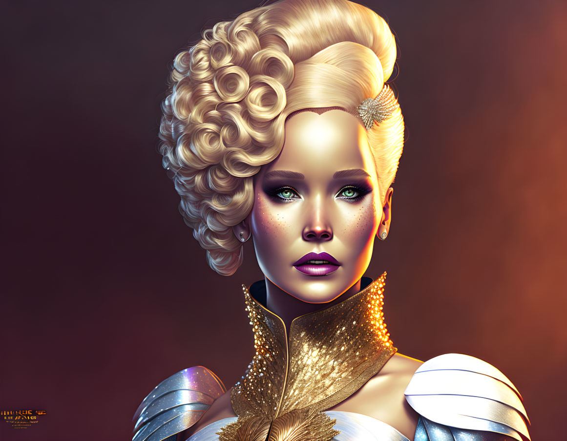 Detailed illustration of woman with elaborate blonde hair and golden armor.