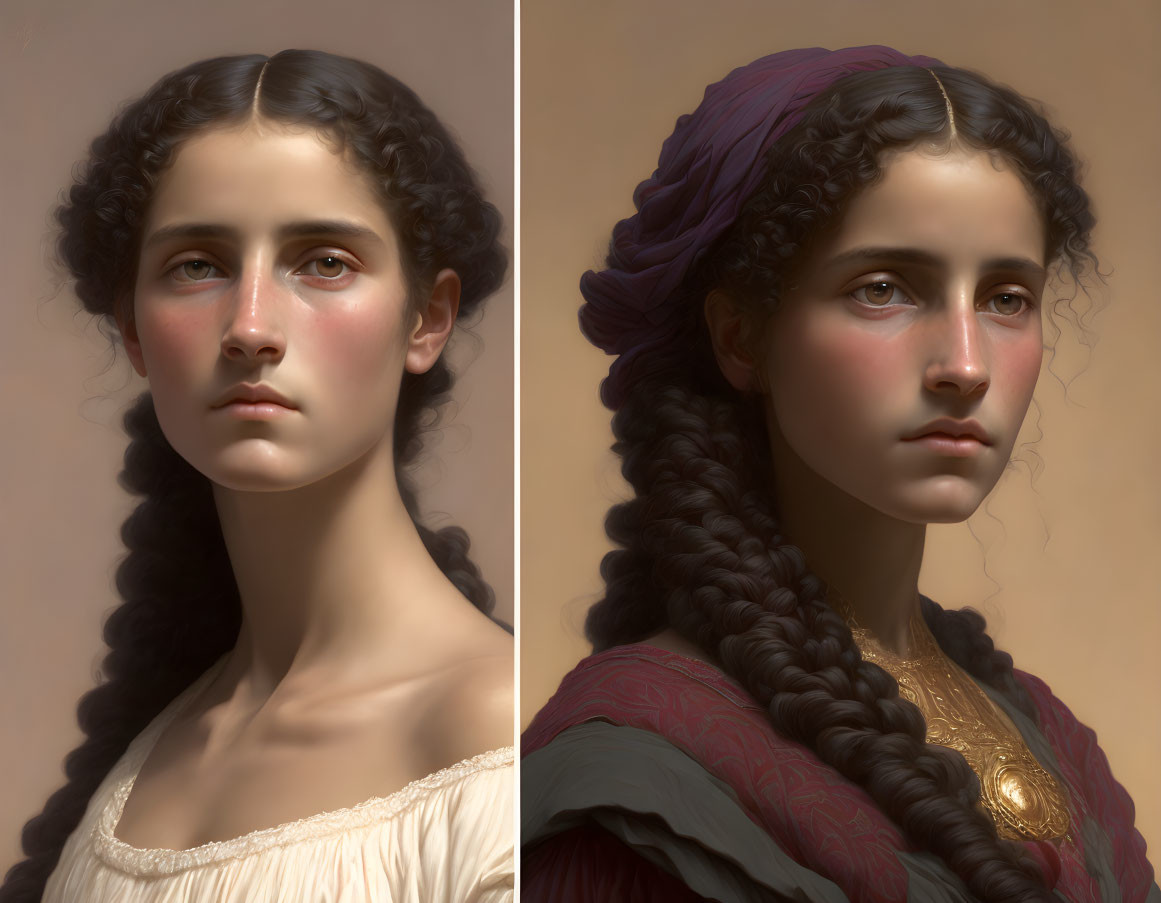 Split portrait of a woman in two distinct styles: simple dress on the left, regal braids