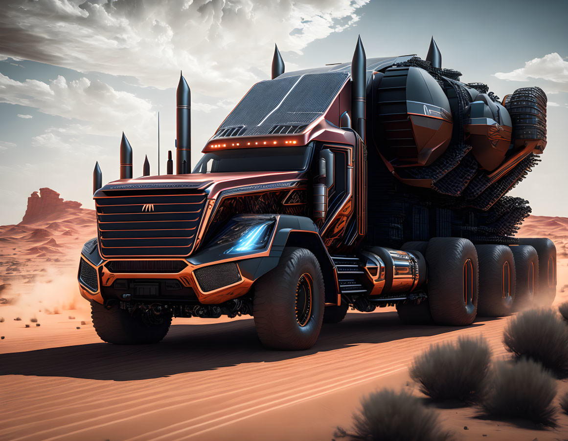 Sleek futuristic semi-truck with solar panels in desert transporting spherical cargo