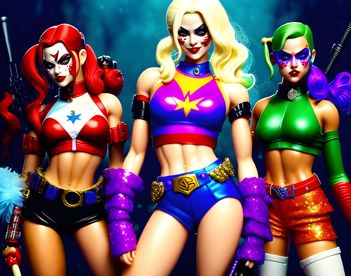 Three female superhero figurines with colorful costumes and hairstyles on dark background