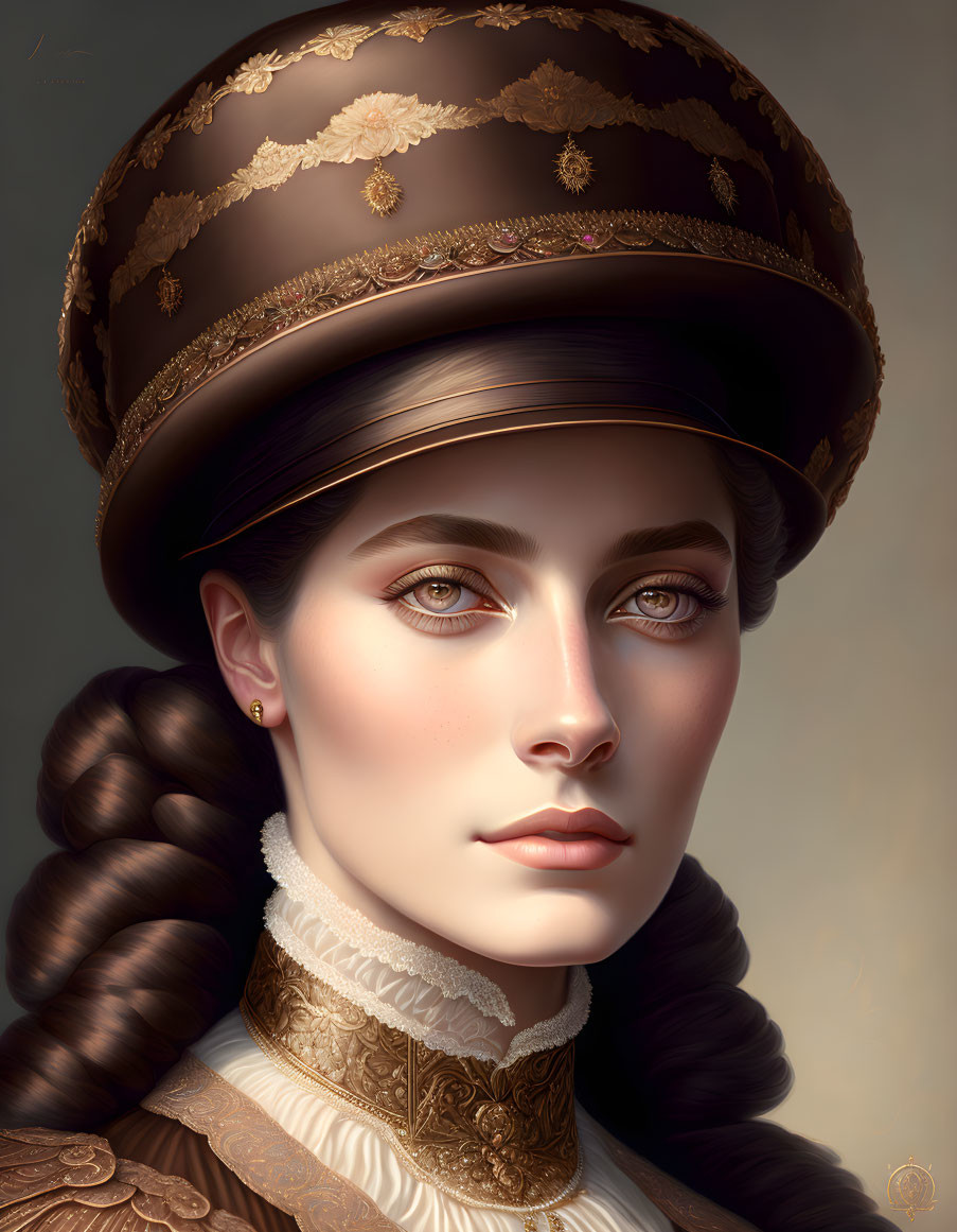 Detailed Digital Portrait of Woman in Traditional Hat & Embroidered Collar