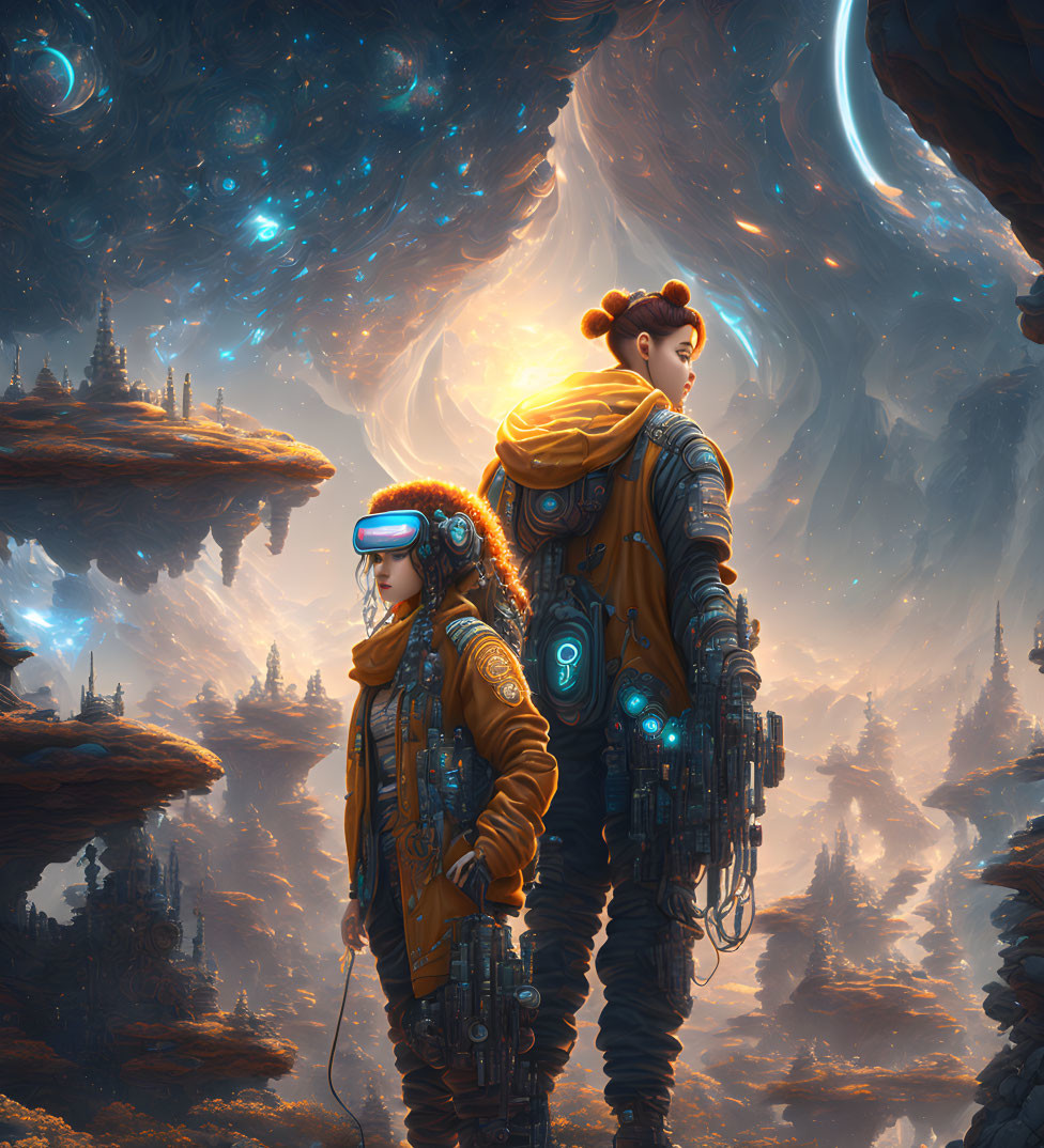 Futuristic explorers in orange and blue gear on rocky outcrop under swirling starry sky