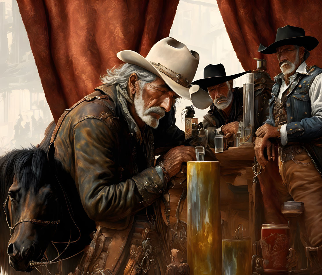 Three cowboys in a saloon with hats, one seated, one standing, and a third with