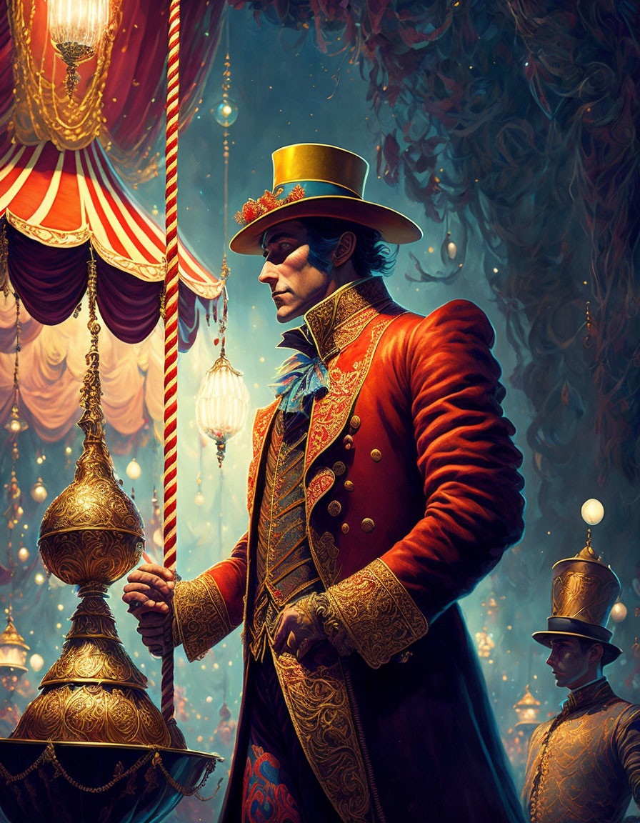 Man in Red Circus Ringmaster Outfit with Golden Top Hat in Elegant Lantern-Lit Setting