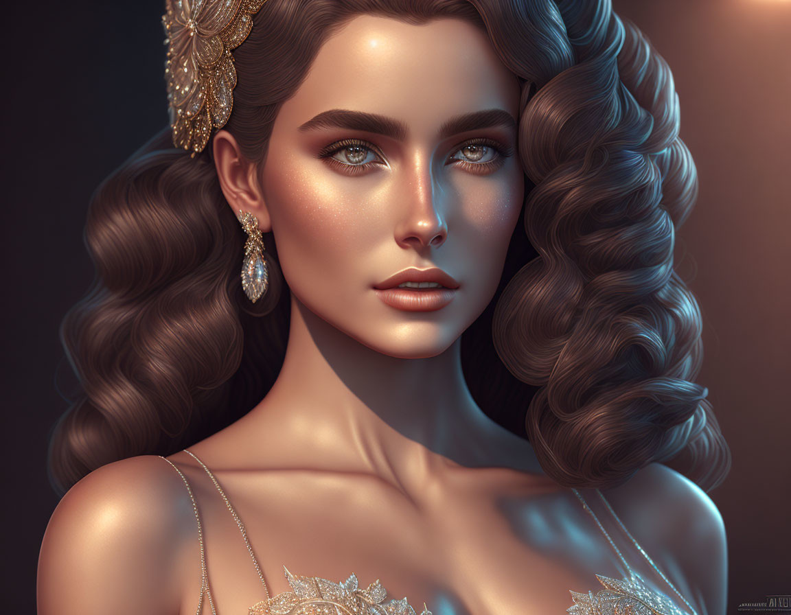 Digital portrait of woman with wavy hair, gold jewelry, off-shoulder dress, green eyes