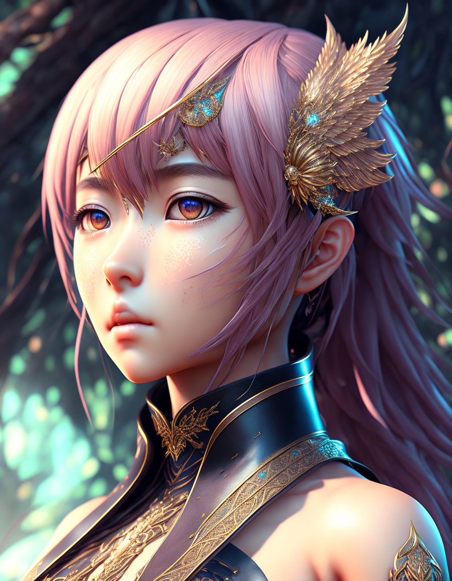 Digital artwork: Female character with pink hair and golden feathered accessories in nature backdrop