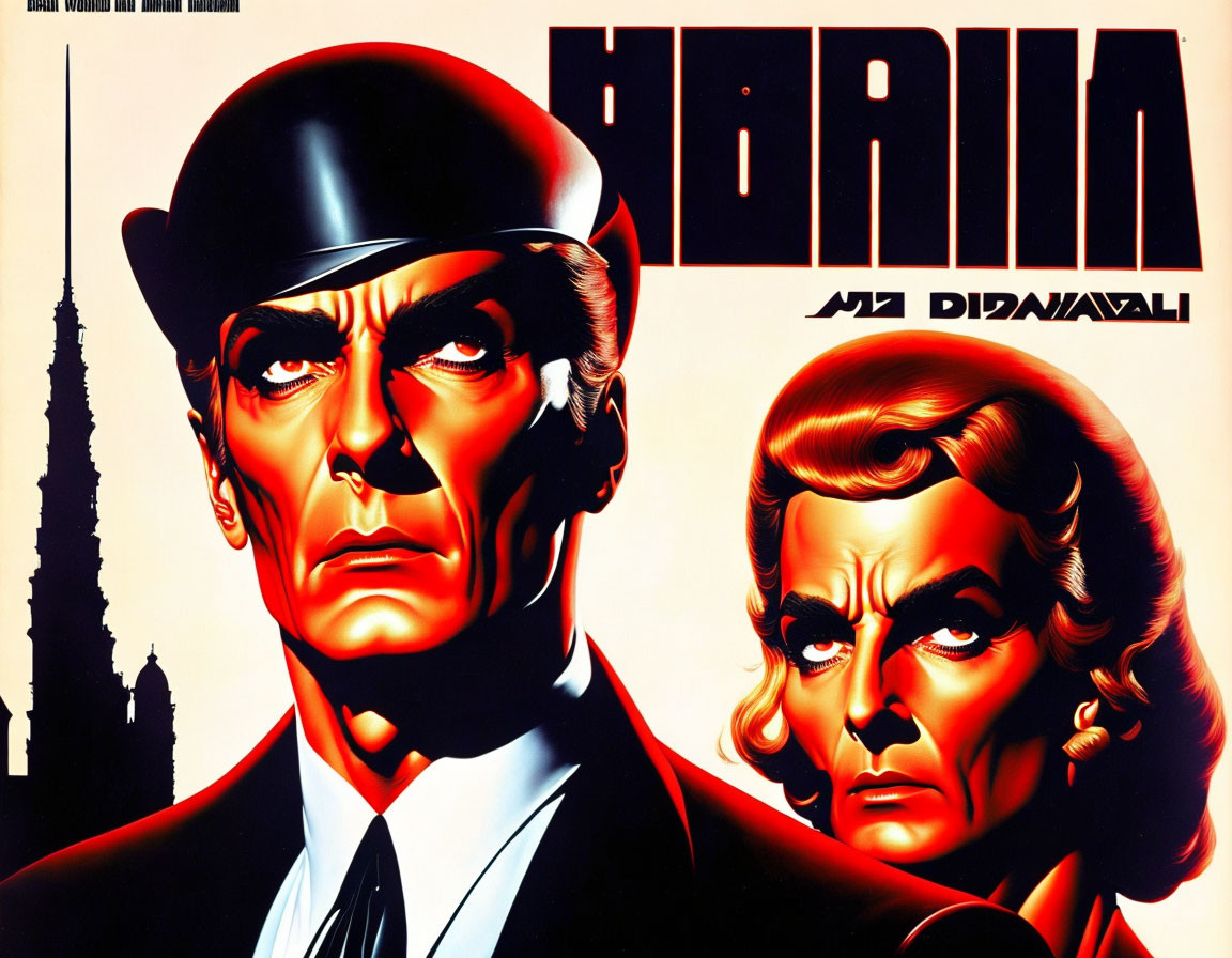 Stylized characters with hat and intense gaze on Berlin-themed poster