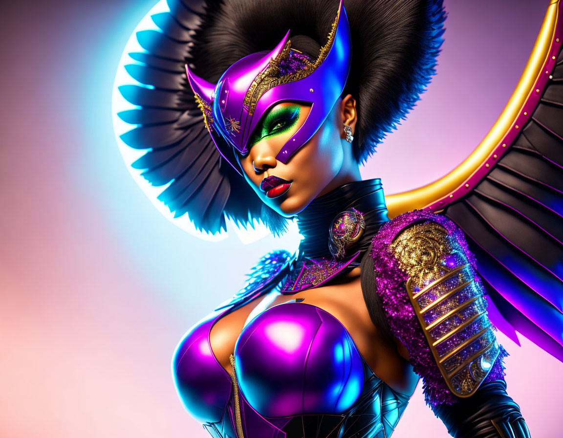 Futuristic female warrior in metallic purple bodysuit & ornate golden armor