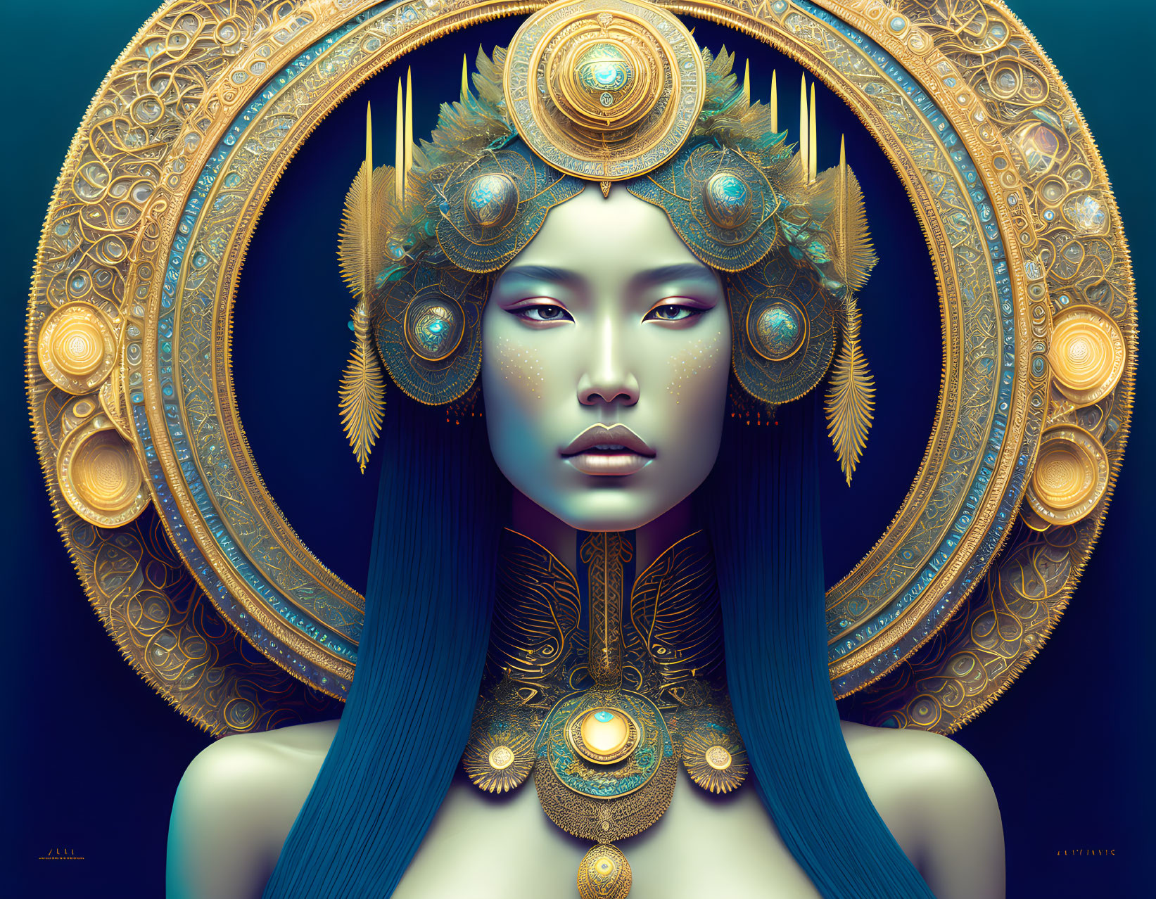 Detailed illustration of woman with gold headdress, ornate details, blue hair, serene expression, mystical